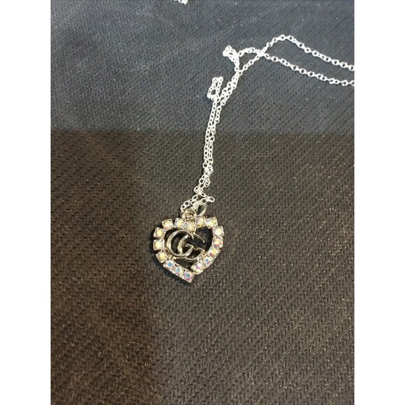 Fashion Double G Heart Clear Stones Charm On 20” .925 Silver Dainty Necklace GUC - Picture 9 of 9